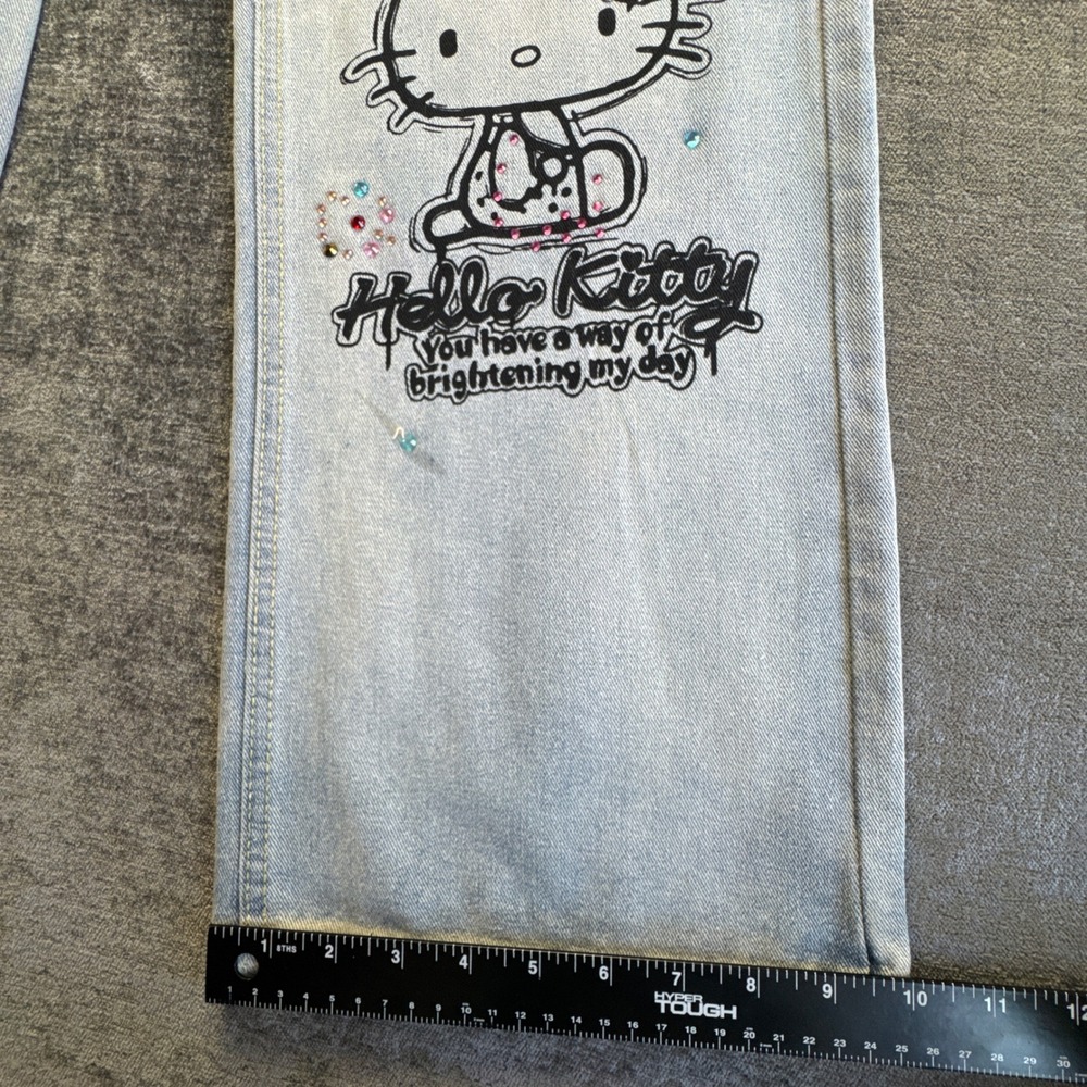 Vintage Hello Kitty Graffiti Rhinestone Wide Leg Jeans Womens 43 Blue Light Wash - Picture 5 of 11